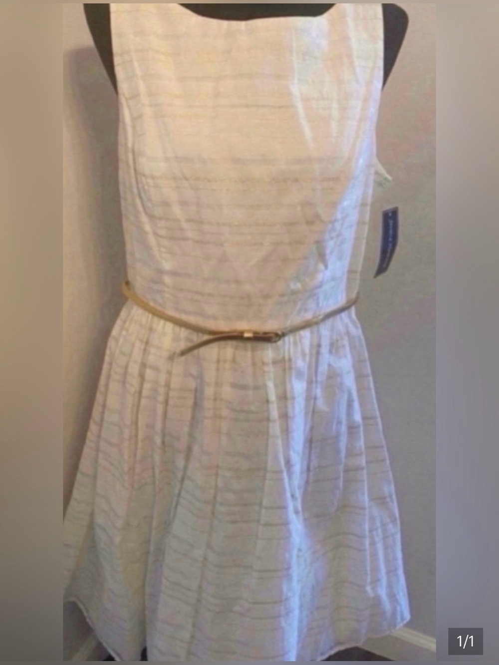 Brand New Sleeveless Ivory Textured Fit & Flare Dress with Gold Belt (Size 14)